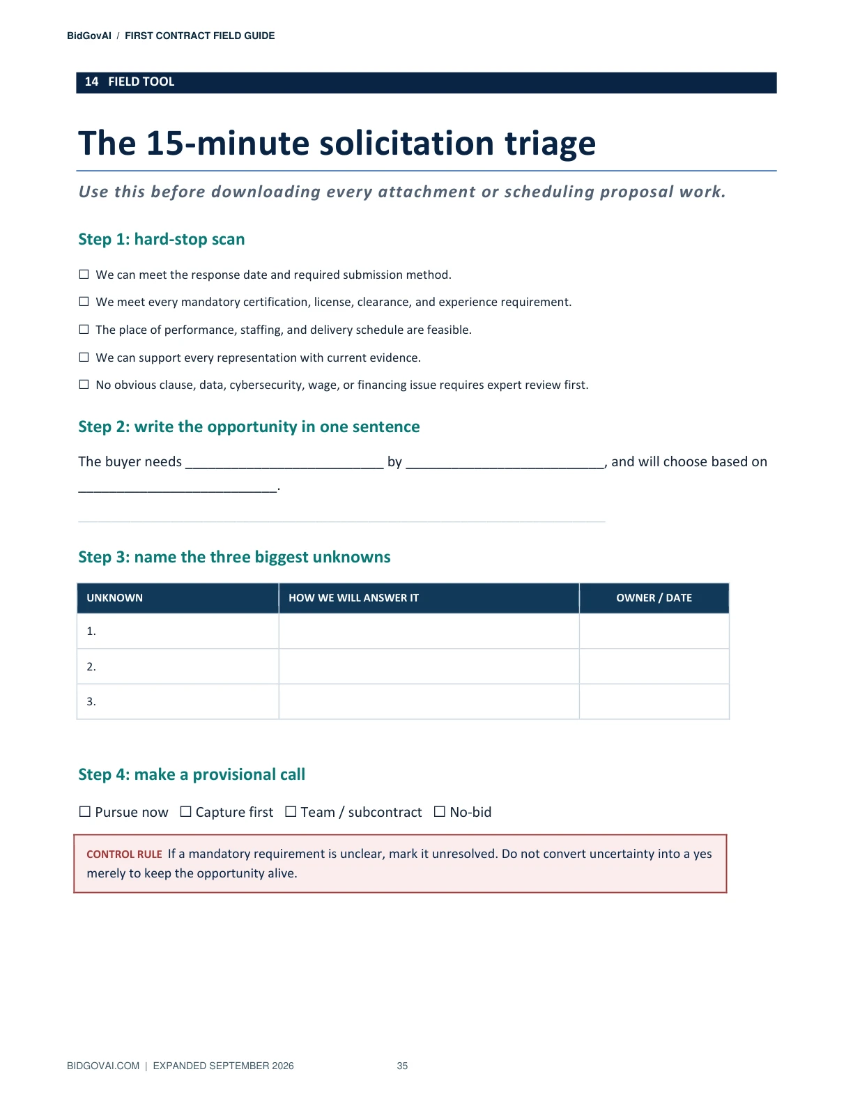 15-minute solicitation triage worksheet